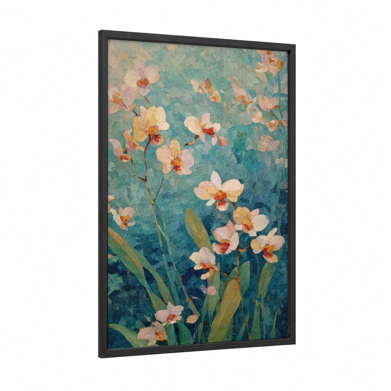 Vintage Orchid Garden framed art print — black wood frame — teal and pink palette