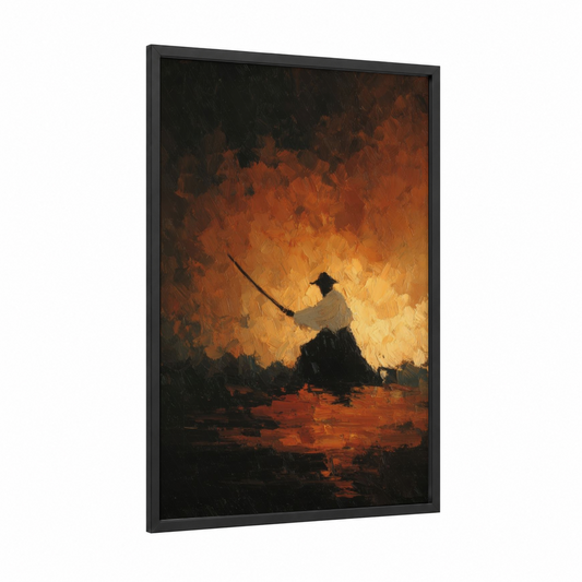 Warrior's Inferno framed kung fu print — black wood frame — orange and black palette
