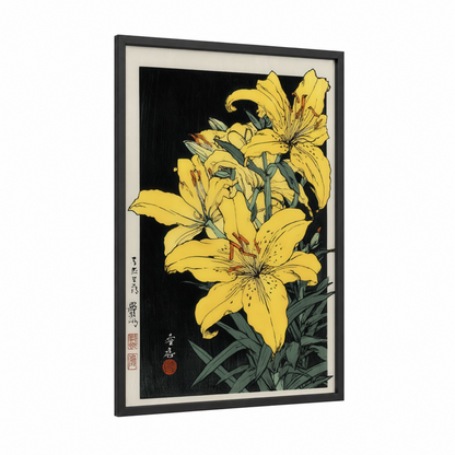Golden Amarillys framed art print — black wood frame — yellow gold and black palette