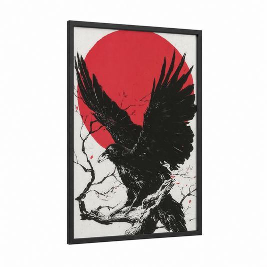 Crimson Raven framed crows and ravens print — black wood frame — black and red and red palette