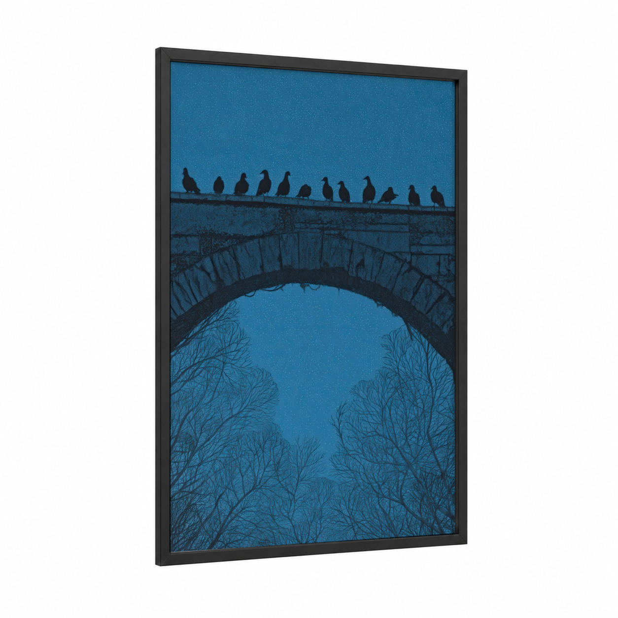 Bridge Gathering framed pigeon print — black wood frame — blue and black and white palette