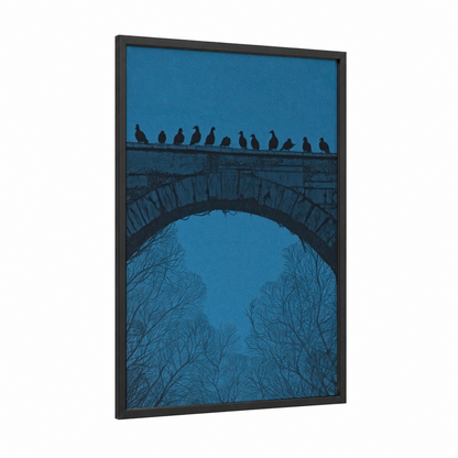 Bridge Gathering framed pigeon print — black wood frame — blue and black and white palette