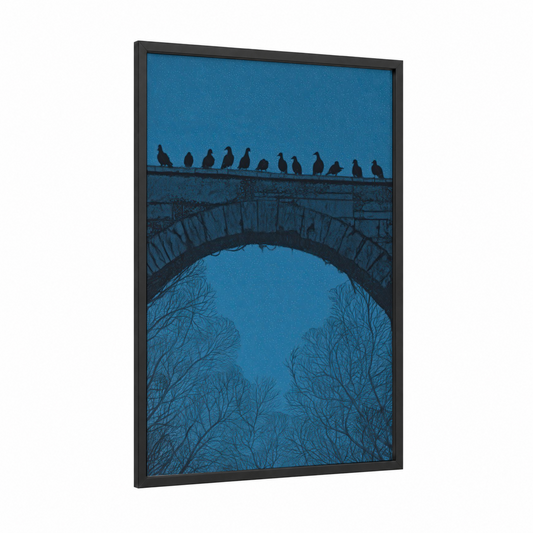 Bridge Gathering framed pigeon print — black wood frame — blue and black and white palette