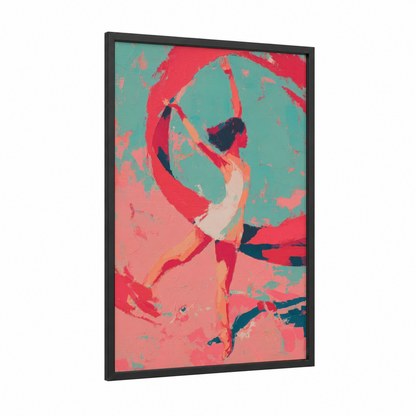 Crimson Acrobat framed gymnastics print — black wood frame — pink and teal palette