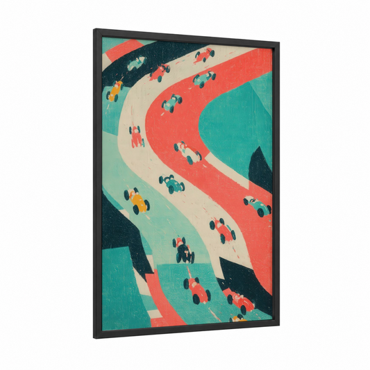 Vintage Racing Circuits framed auto racing print — black wood frame — turquoise palette