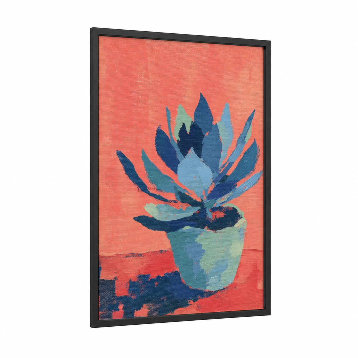 Coral Succulent framed art print — black wood frame — red and blue palette