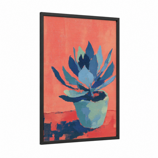 Coral Succulent framed art print — black wood frame — red and blue palette