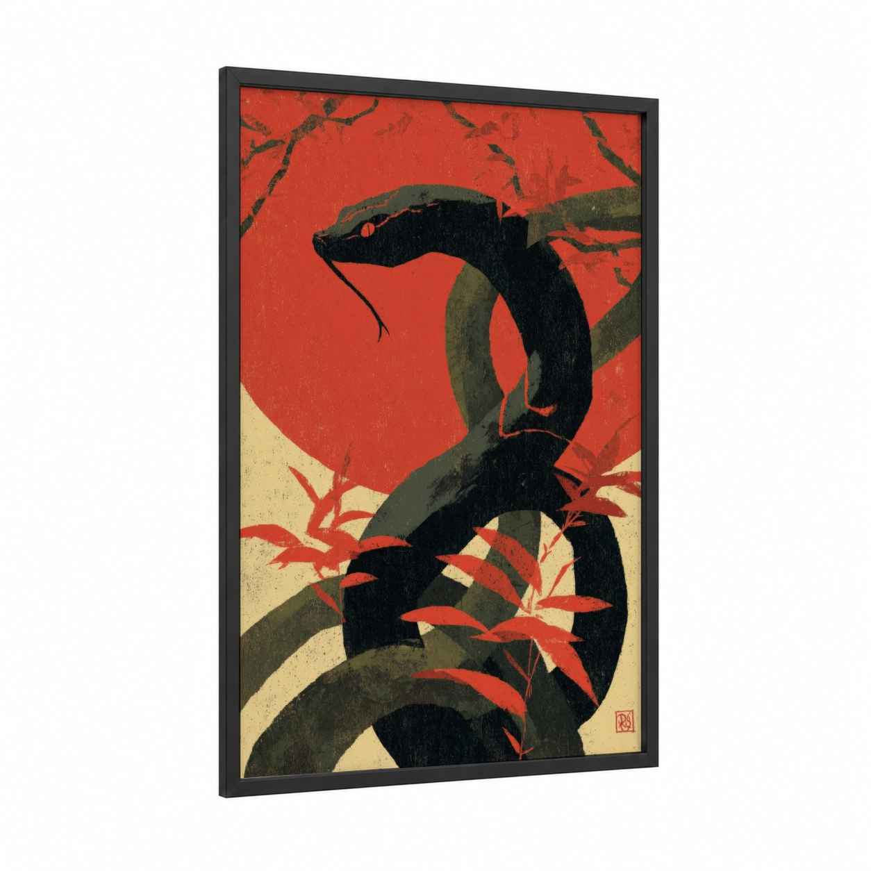 Crimson Viper framed art print — black wood frame — red and black palette