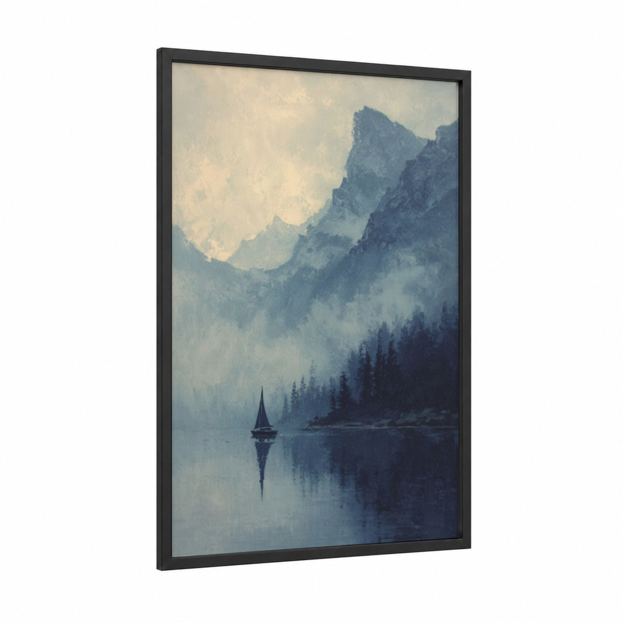 Alpine Sailing Serenity framed sailing ship print — black wood frame — blue and white and gray palette