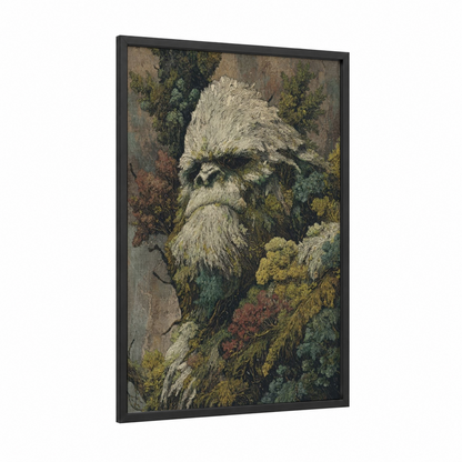 Forest Yeti framed art print — black wood frame — olive and cream palette