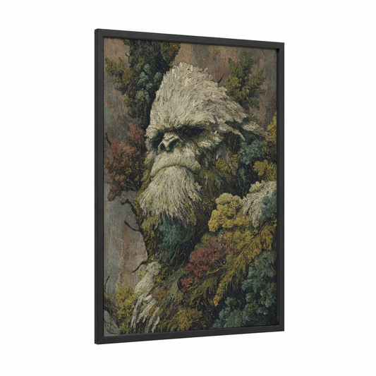 Forest Yeti framed art print — black wood frame — olive and cream palette