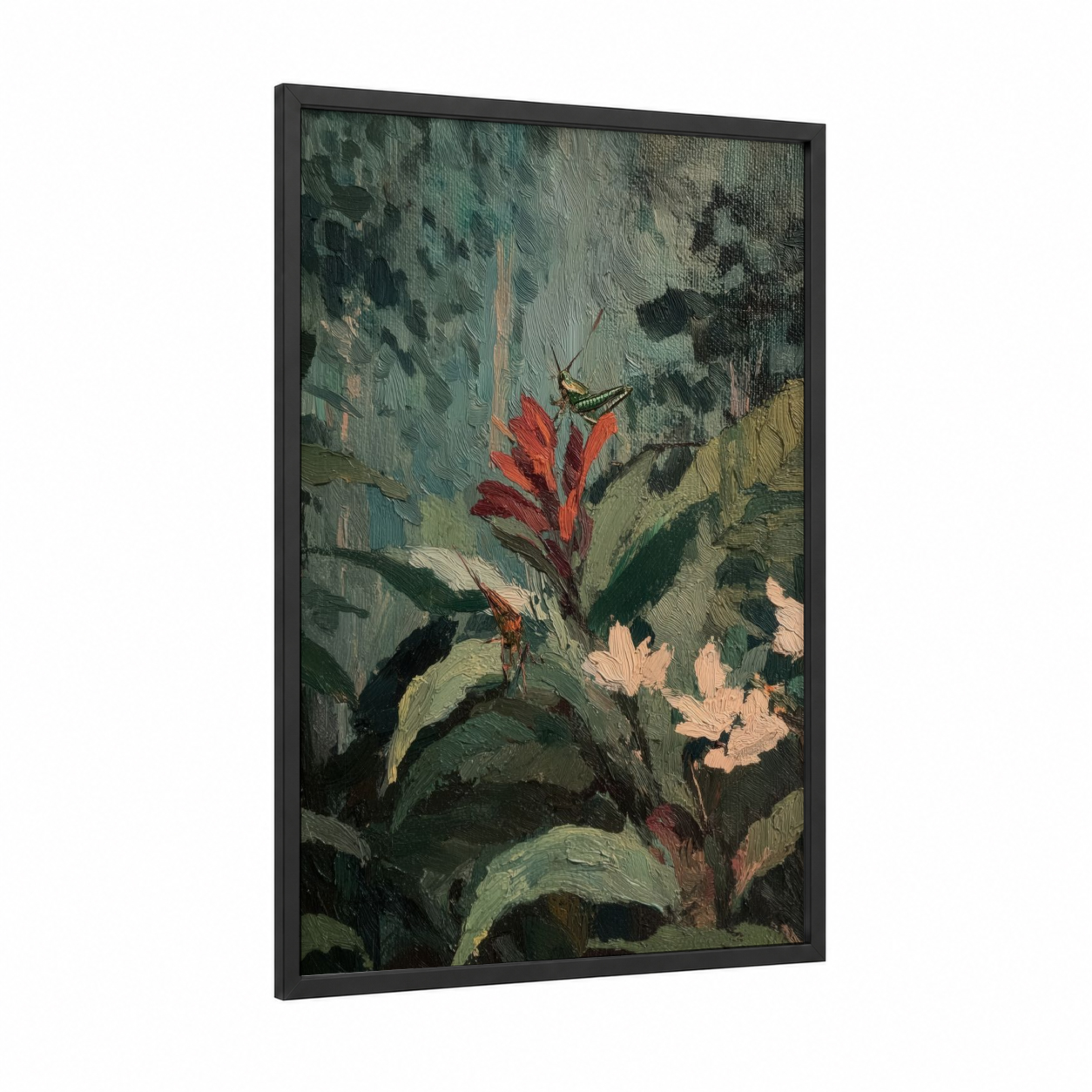 Crimson Grasshopper Garden framed art print — black wood frame — dark green and salmon pink palette