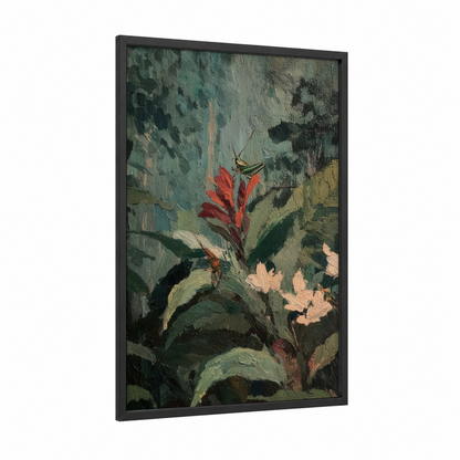 Crimson Grasshopper Garden framed art print — black wood frame — dark green and salmon pink palette