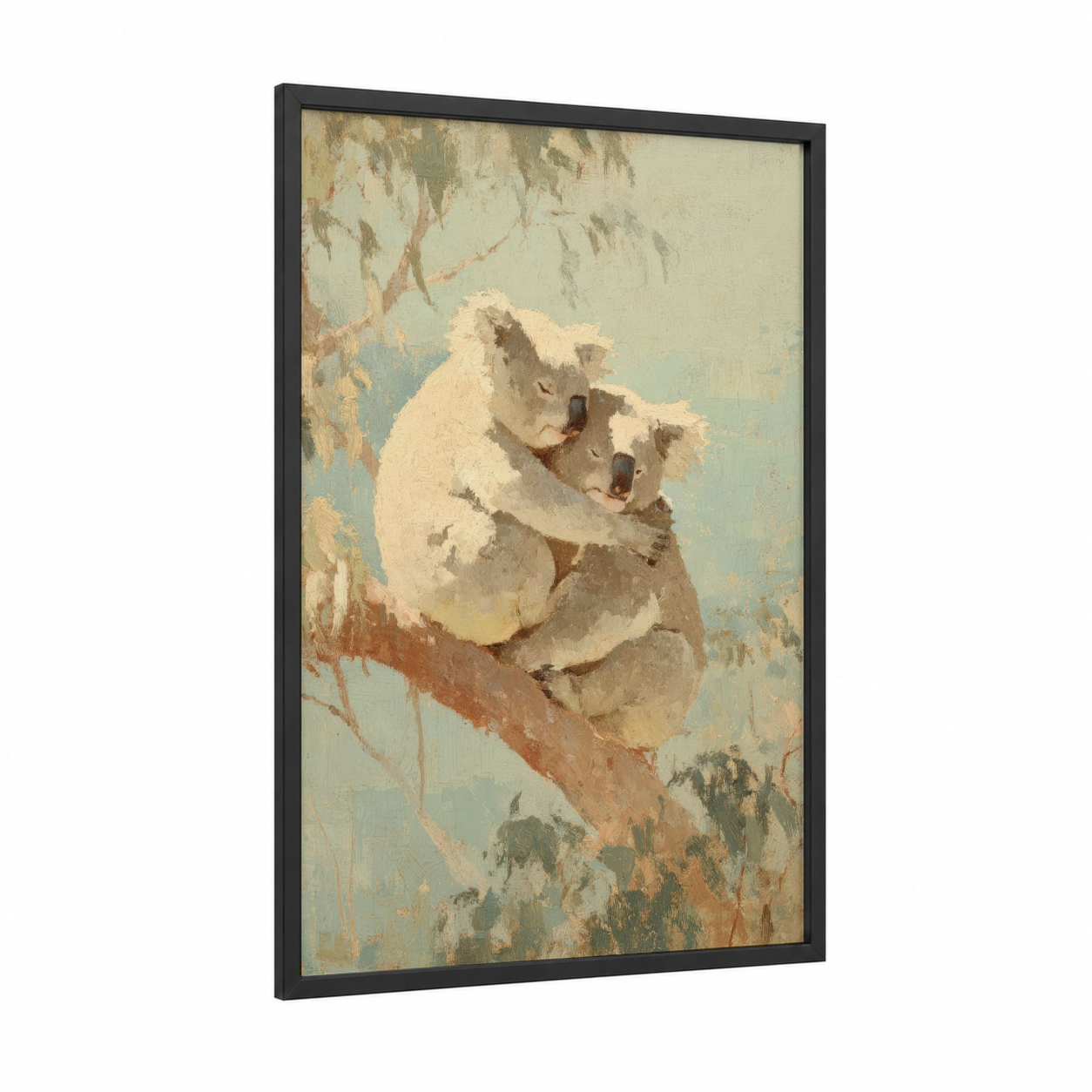 Koala Cuddle framed animals in love print — black wood frame — cream and sage green palette