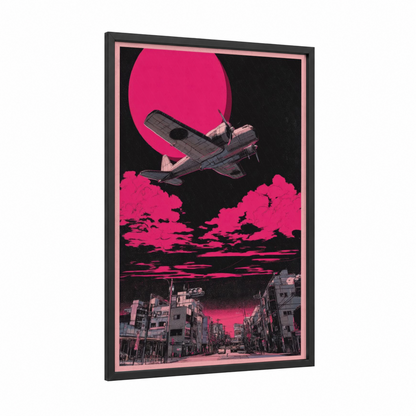 Neon Skies Plane framed vintage airplane print — black wood frame — magenta and black palette