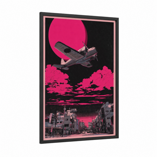 Neon Skies Plane framed vintage airplane print — black wood frame — magenta and black palette