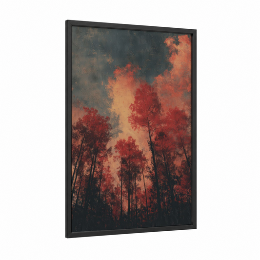 Crimson Maple Forest framed art print — black wood frame — red and orange palette