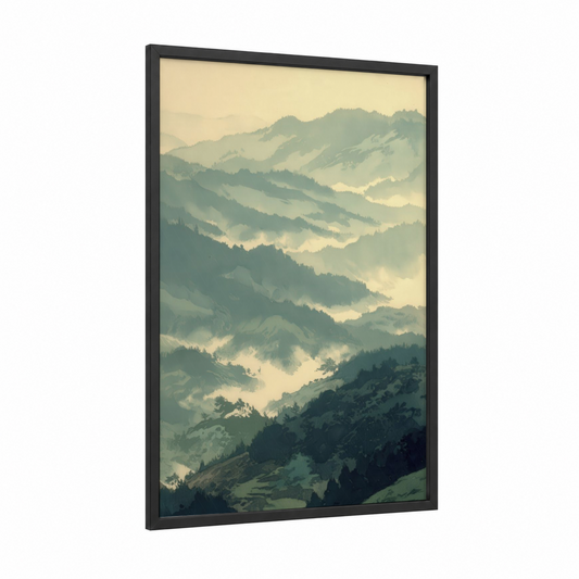 Misty Mountain Glacier framed art print — black wood frame — sage green and cream palette