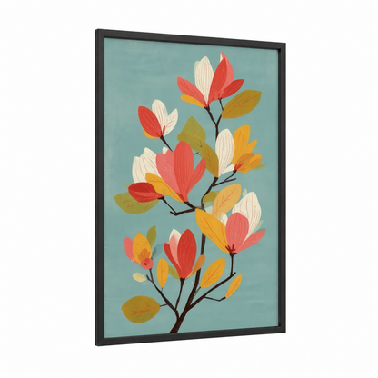 Crimson Magnolia Branch framed art print — black wood frame — teal and gold palette