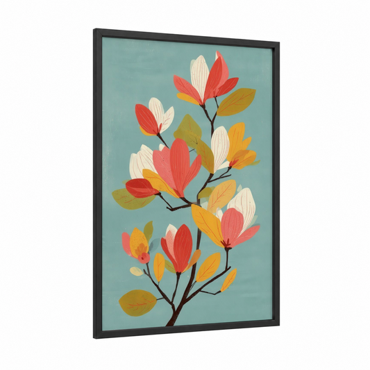 Crimson Magnolia Branch framed art print — black wood frame — teal and gold palette