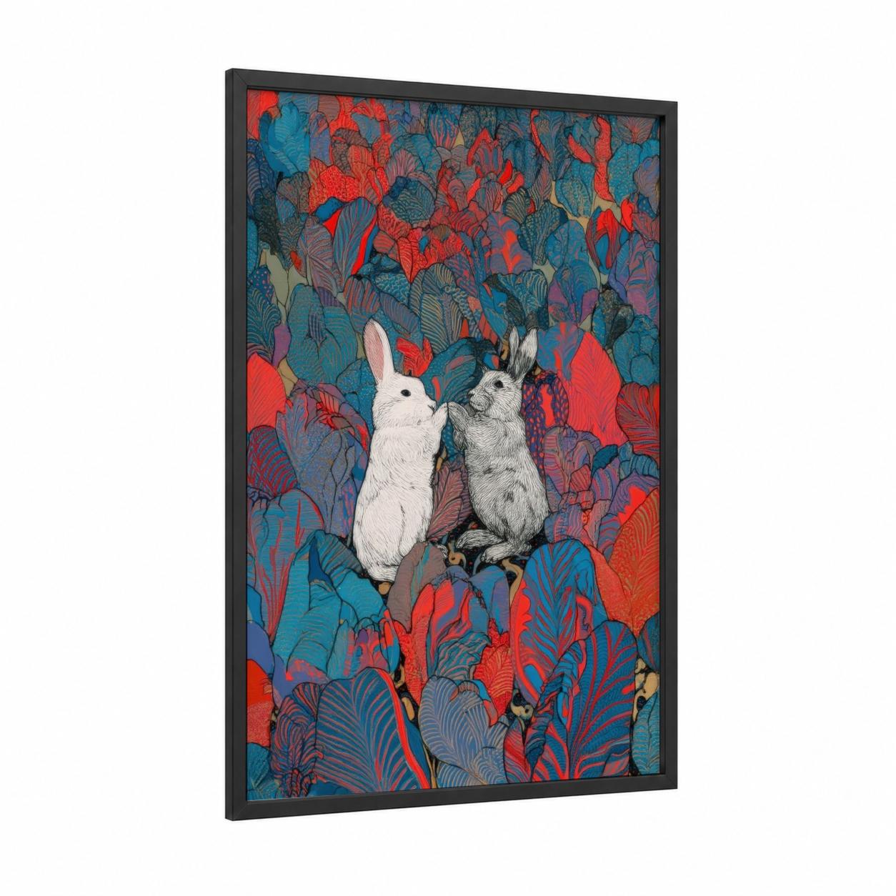 Curious Rabbits Pair framed art print — black wood frame — red and blue palette
