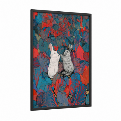 Curious Rabbits Pair framed art print — black wood frame — red and blue palette