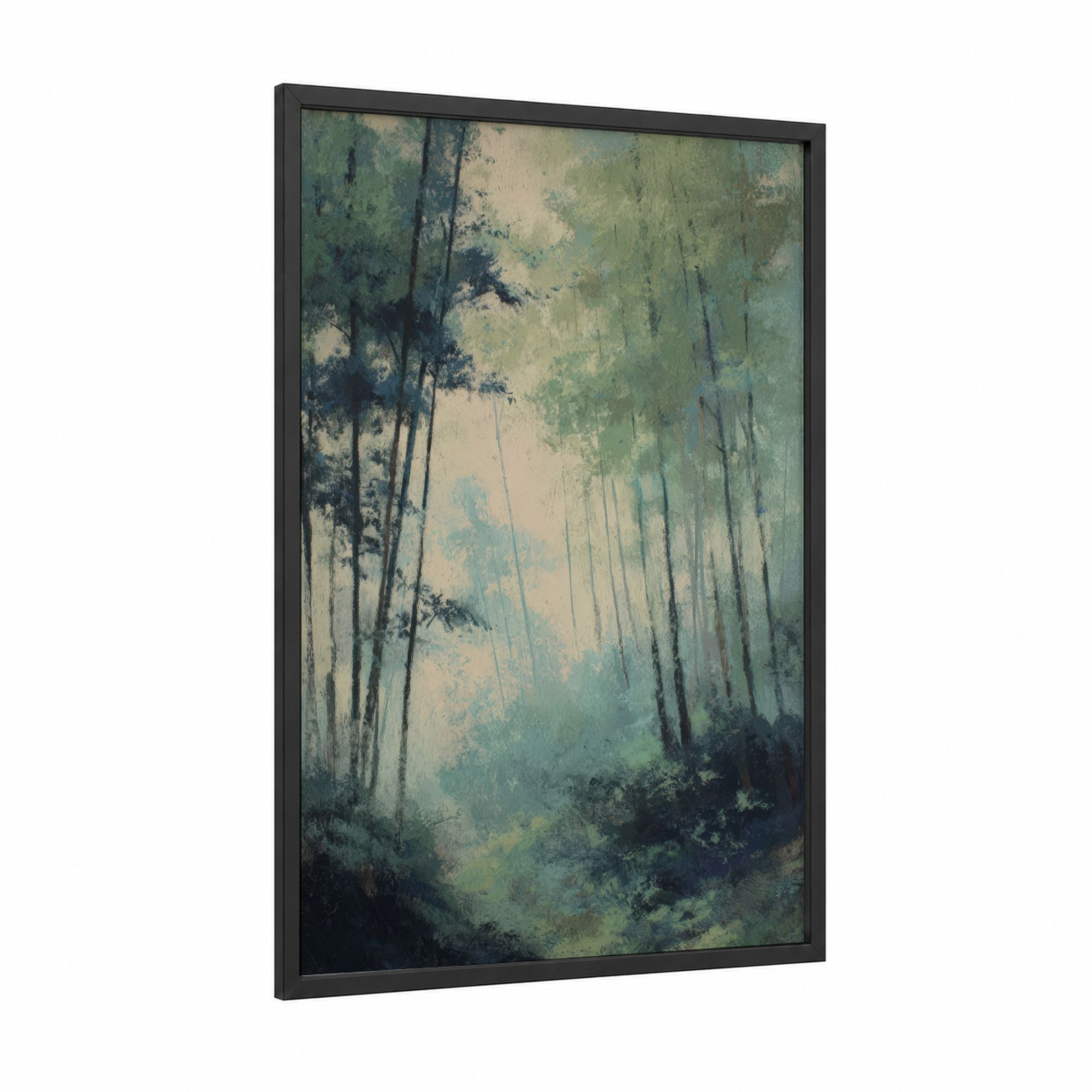 Misty Bamboo Forest framed bamboo jungle print — black wood frame — sage green and dove gray palette