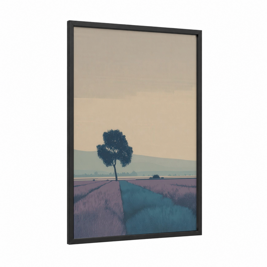Solitary Lavender Tree framed lavender field print — black wood frame — lavender and cream palette