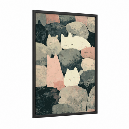 Sleeping Cats Masonry framed art print — black wood frame — cream and salmon pink palette