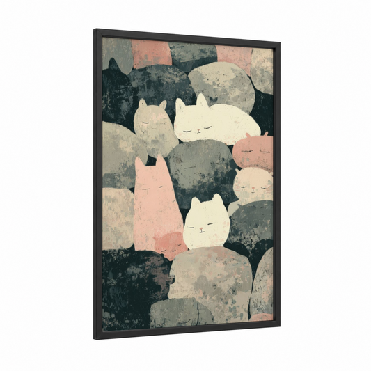 Sleeping Cats Masonry framed art print — black wood frame — cream and salmon pink palette