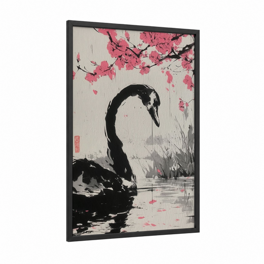 Cherry Blossom Swan framed art print — black wood frame — pink and black and white palette