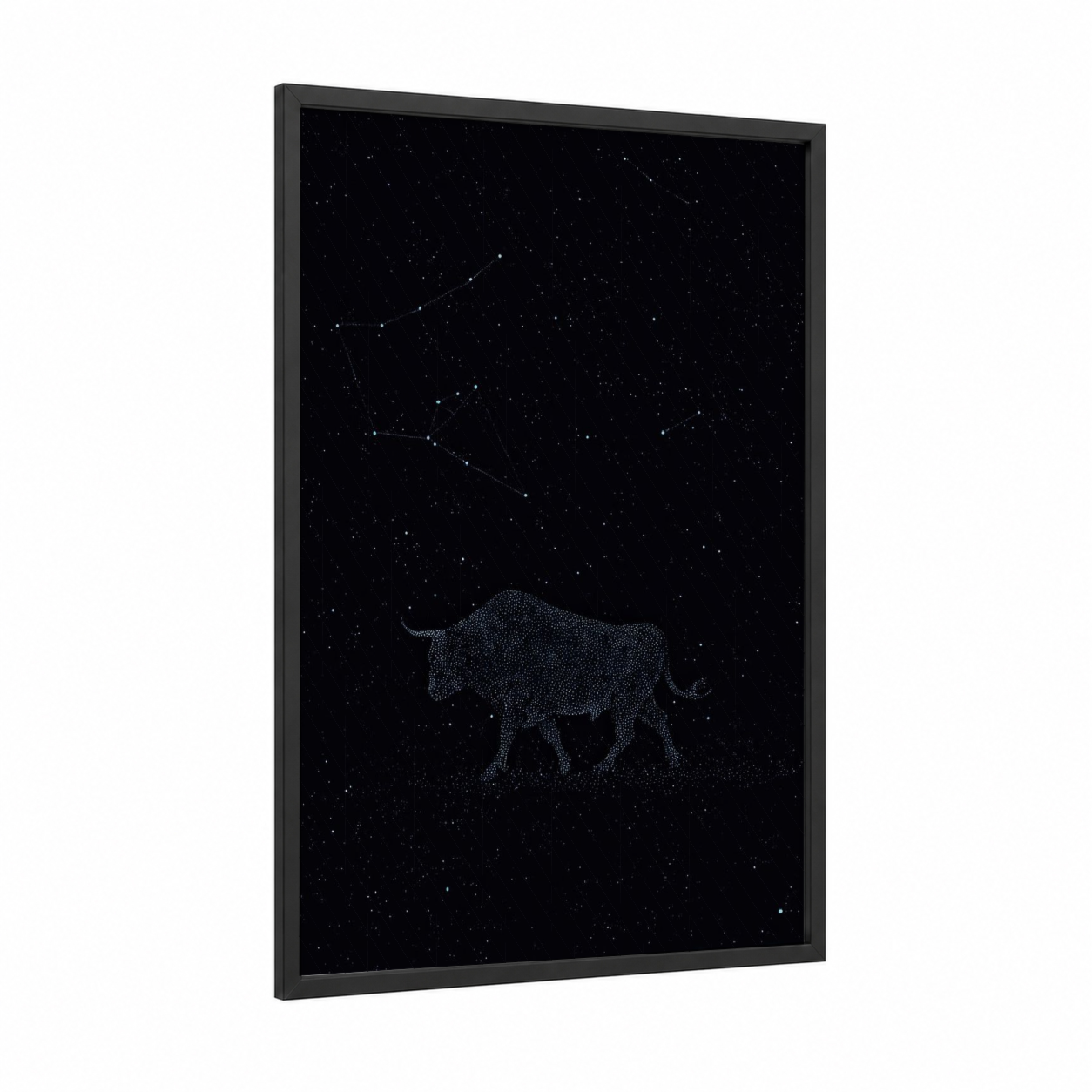 Celestial Taurus framed art print — black wood frame — black and white palette