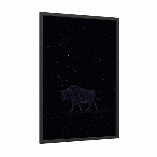 Celestial Taurus framed art print — black wood frame — black and white palette