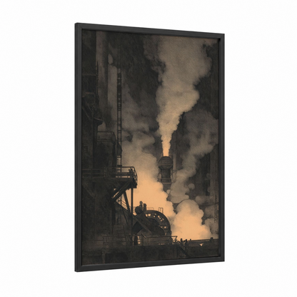 Industrial Smokestacks framed factory print — black wood frame — black and gold palette