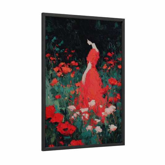 Crimson Garden Woman framed women's fashion print — black wood frame — red and teal palette