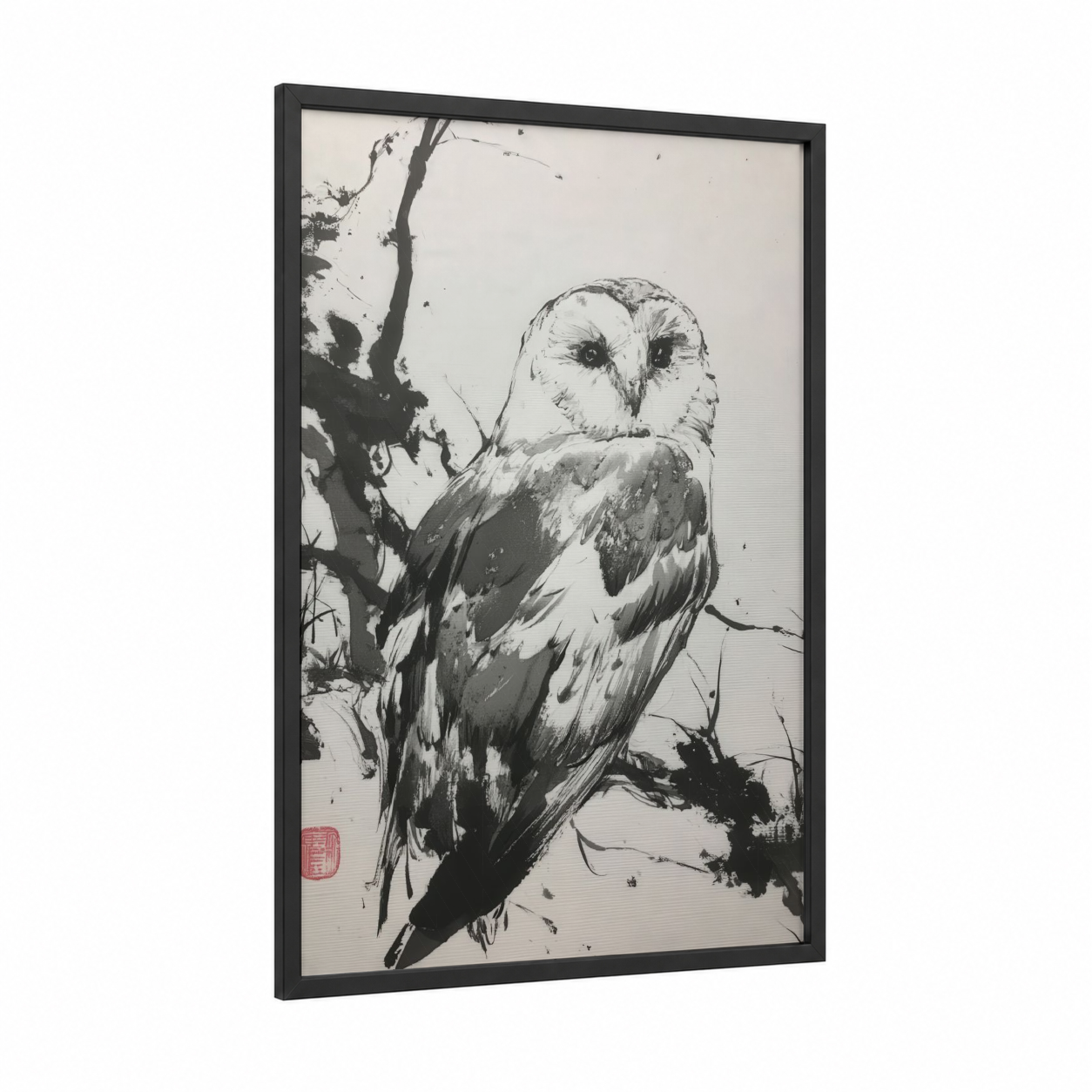 Perched Barn Owl framed art print — black wood frame — black and white and gray palette