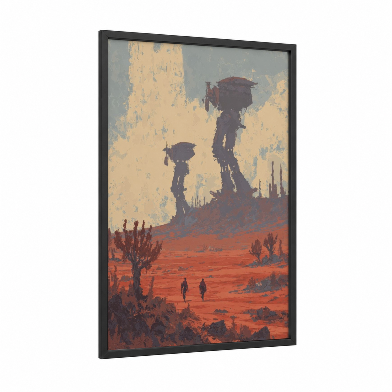 Desert Sentinels framed sci-fi print — black wood frame — cream palette