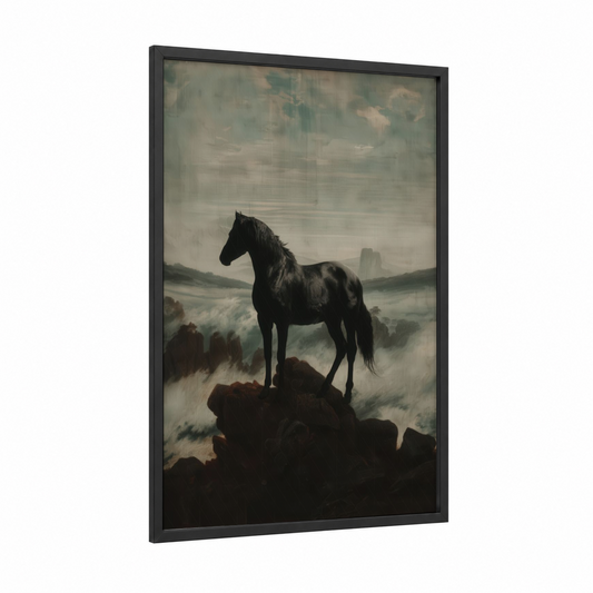 Misty Andalusian framed andalusian horse print — black wood frame — black and gray and white palette