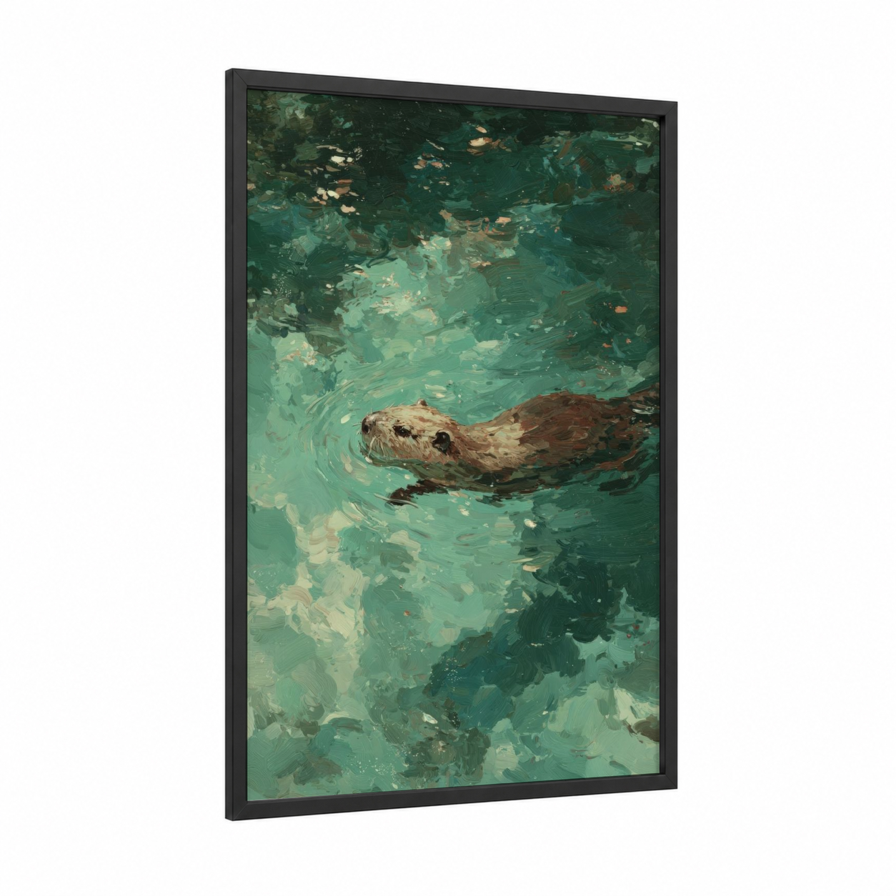 Swimming Beaver framed art print — black wood frame — teal and beige palette