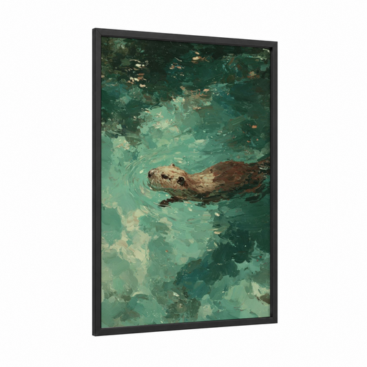 Swimming Beaver framed art print — black wood frame — teal and beige palette
