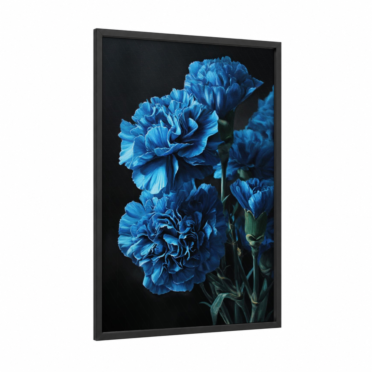Midnight Blue Carnations framed art print — black wood frame — blue and black palette