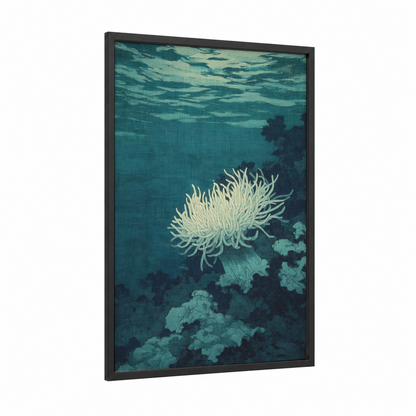 Luminous Sea Anemone framed art print — black wood frame — teal and blue palette
