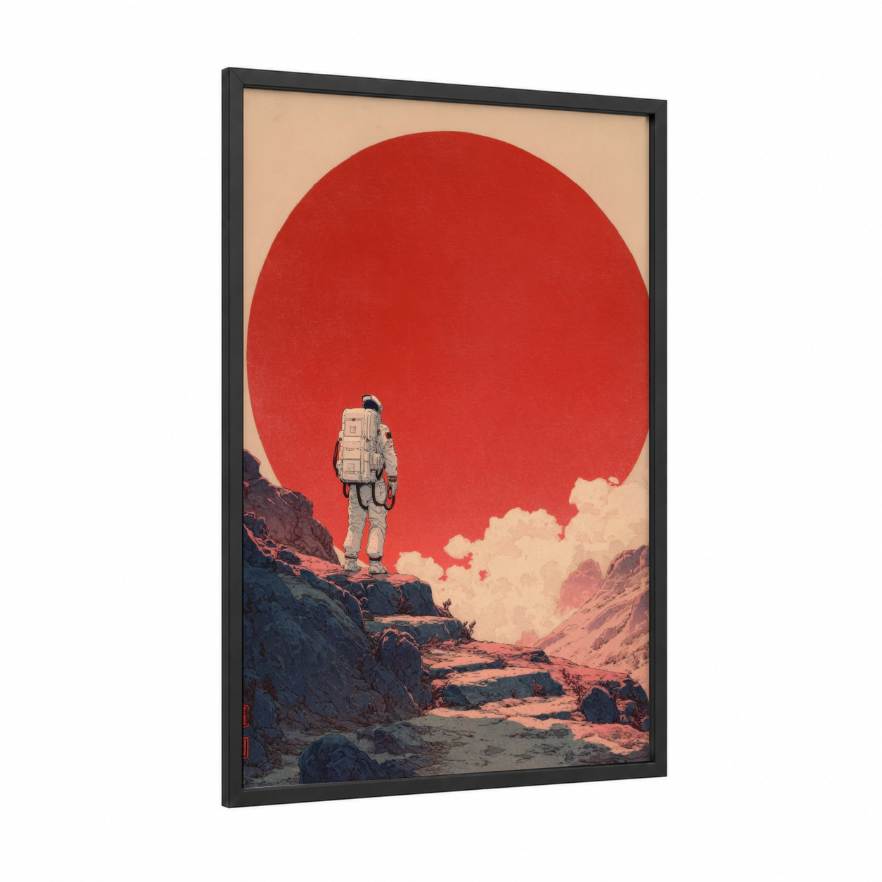 Solitary Astronaut framed japanese retrofuturism print — black wood frame — red and cream palette