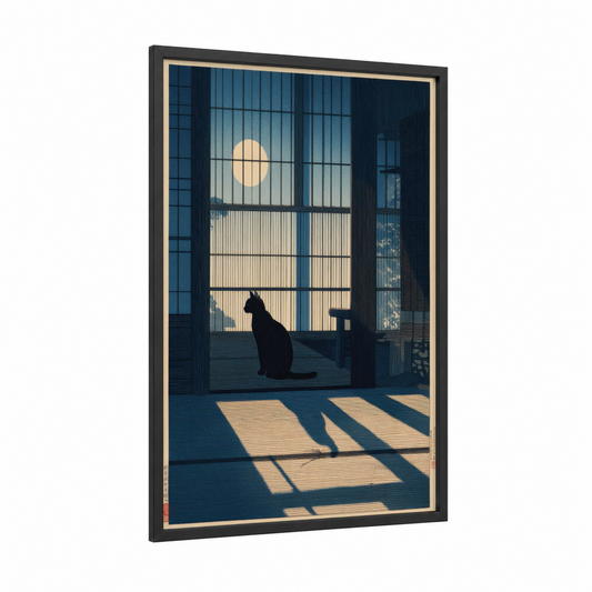 Moonlit Cat framed art print — black wood frame — blue and white and gold palette