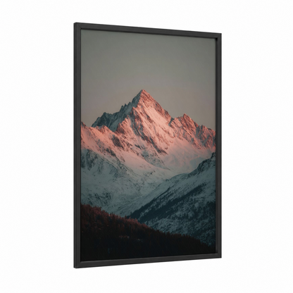 Alpine Sunrise framed art print — black wood frame — rose gold and dove gray palette
