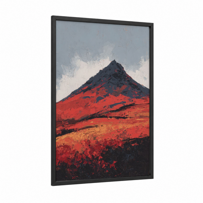 Crimson Volcano framed art print — black wood frame — red and black palette