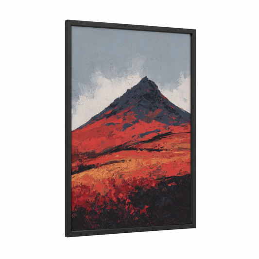 Crimson Volcano framed art print — black wood frame — red and black palette
