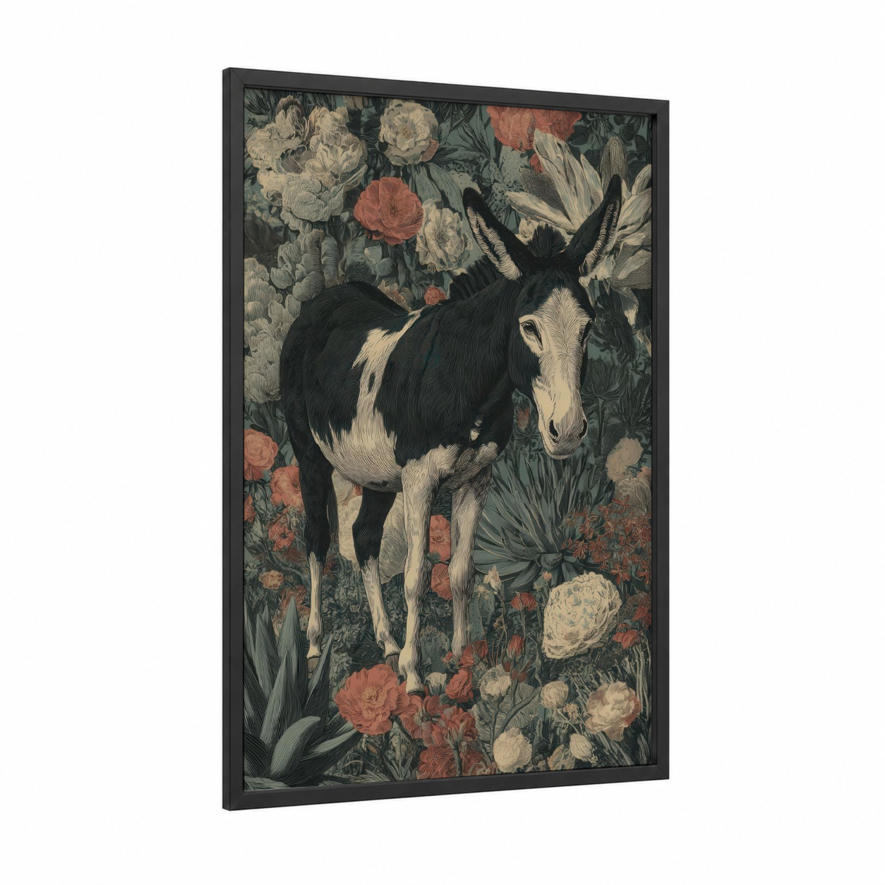 Floral Mule framed art print — black wood frame — black and white and dove gray palette