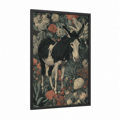 Floral Mule framed art print — black wood frame — black and white and dove gray palette