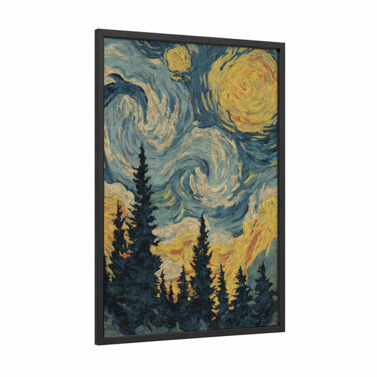 Starry Forest Night framed night sky print — black wood frame — blue and gold palette